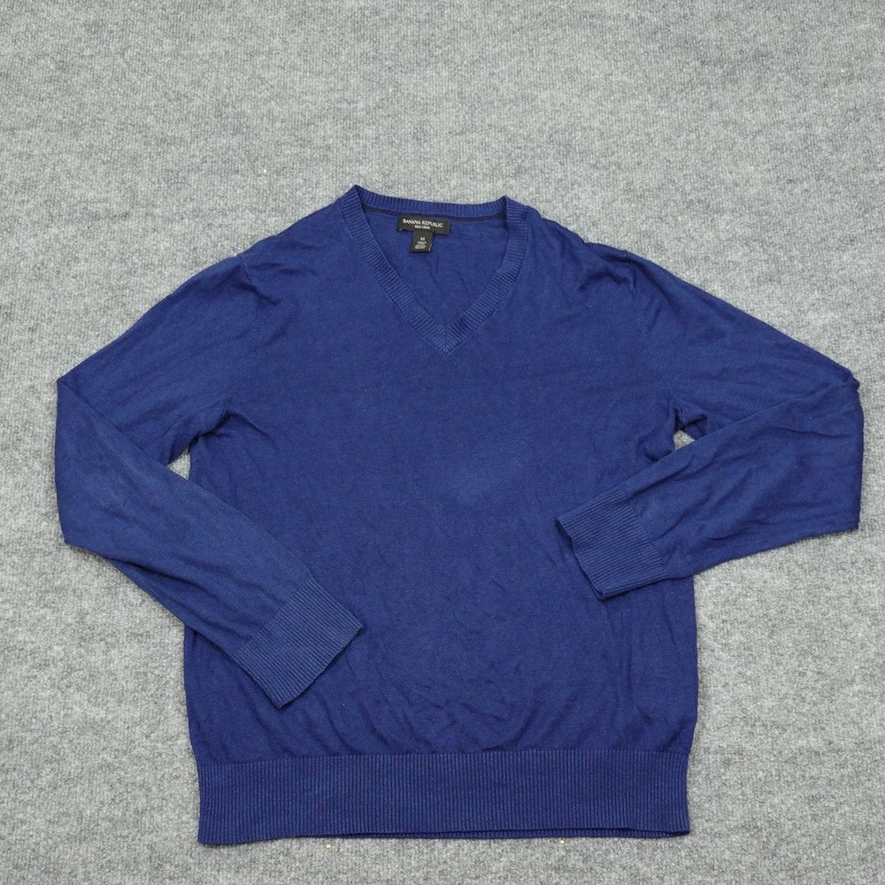 Banana Republic Sweater Mens Medium Blue Silk Linen V-Neck Pullover Lightweight